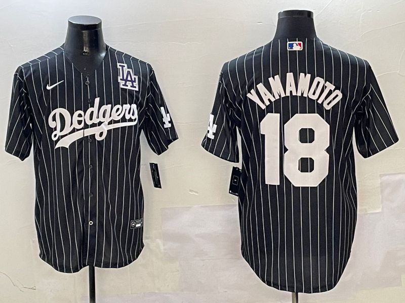 Men Los Angeles Dodgers 18 Yamamoto Black Stripe Jointly Name 2025 Nike MLB Jersey style 6